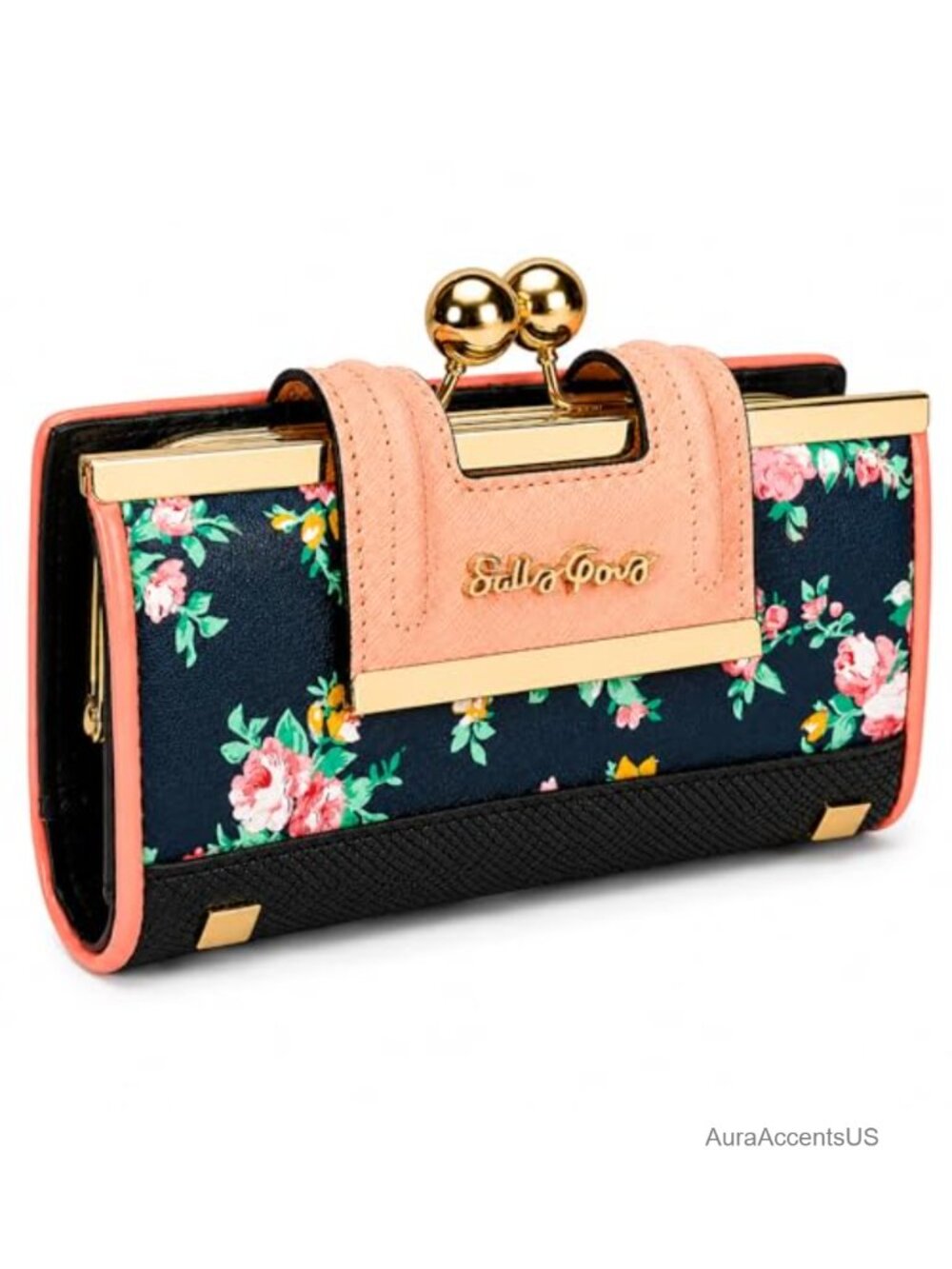 Vintage Floral Kiss-Lock Clutch Wallet with Coin Pocket, PU Leather, 10 Card